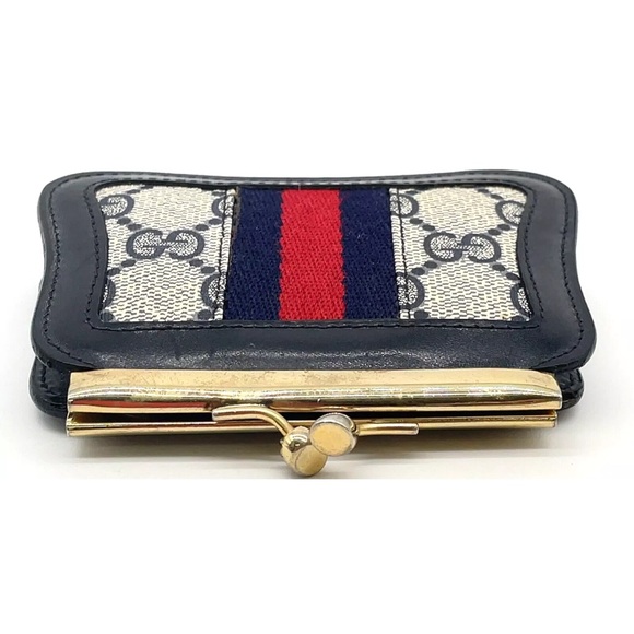Auth Gucci GG Canvas Navy Blue Sherry Line Coin Case /Wallet W/Box - Picture 4 of 15